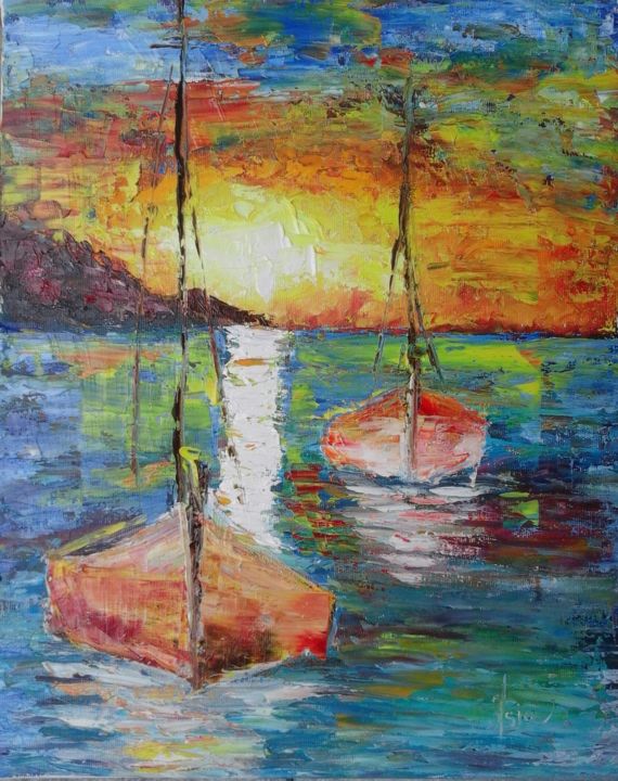 Картина под названием "Boats in the sea" - Asia, Подлинное произведение искусства, Масло