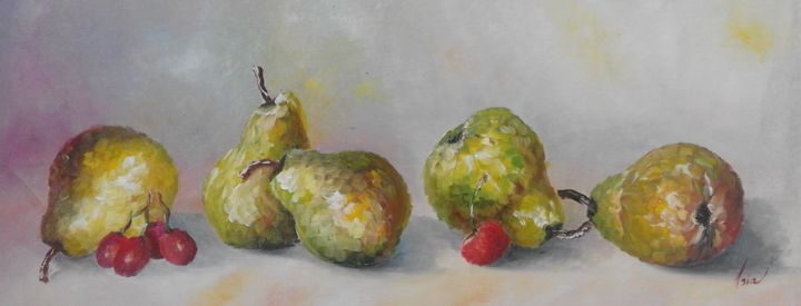 Painting titled "Five pears" by Asia, Original Artwork, Oil