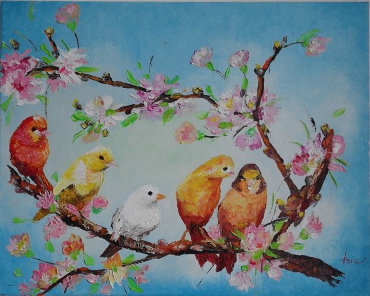 Malarstwo zatytułowany „Five birds” autorstwa Asia, Oryginalna praca, Olej
