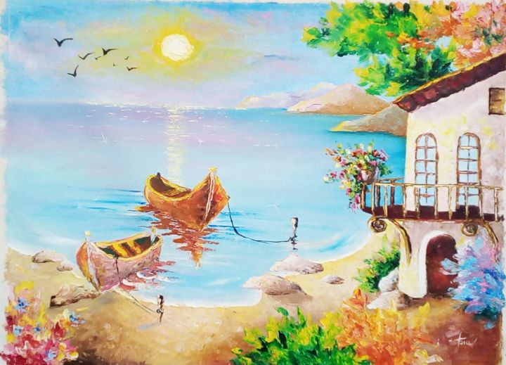 Painting titled "House on the Greek…" by Asia, Original Artwork, Oil Mounted on Wood Stretcher frame