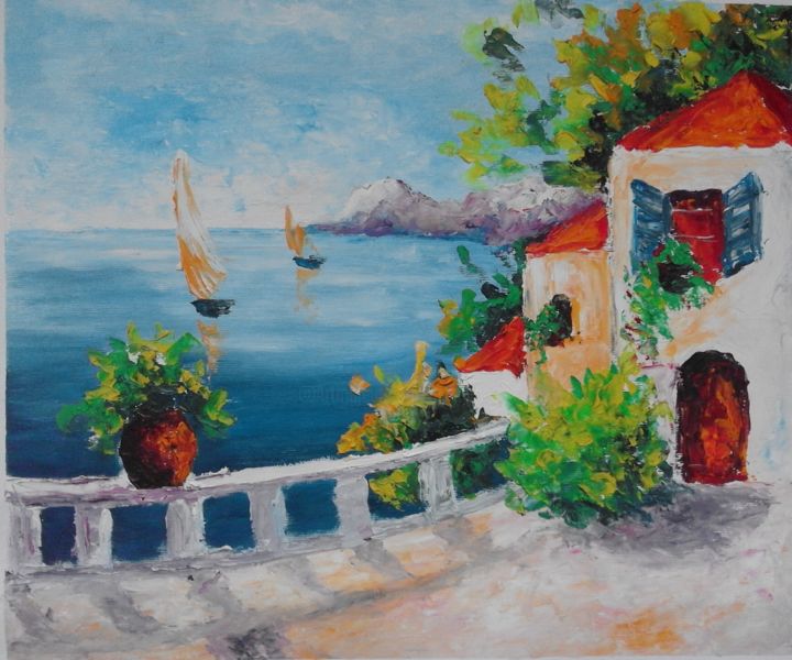 Painting titled "Greek Seascape 2" by Asia, Original Artwork, Oil