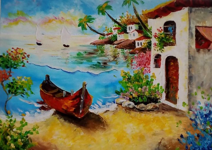 Malerei mit dem Titel "Ahouse on the beache" von Asia, Original-Kunstwerk, Öl