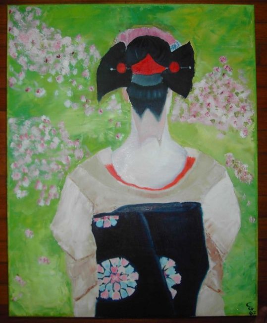 Schilderij getiteld "Geisha" door Gwenaelle Cortyl, Origineel Kunstwerk