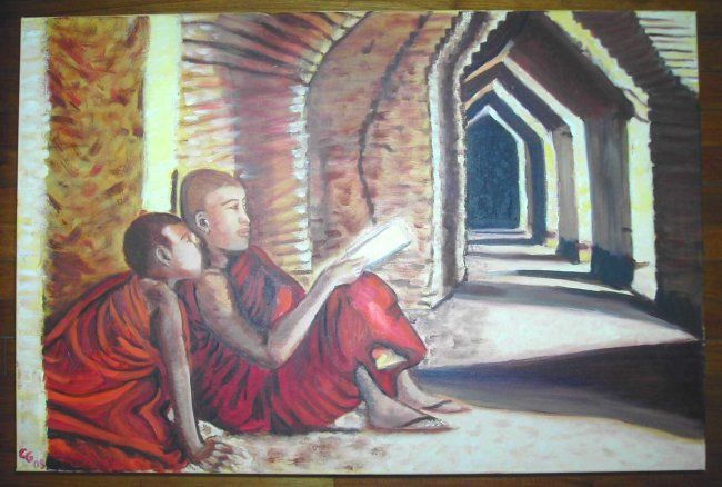 Painting titled "jeunes moines lisant" by Gwenaelle Cortyl, Original Artwork