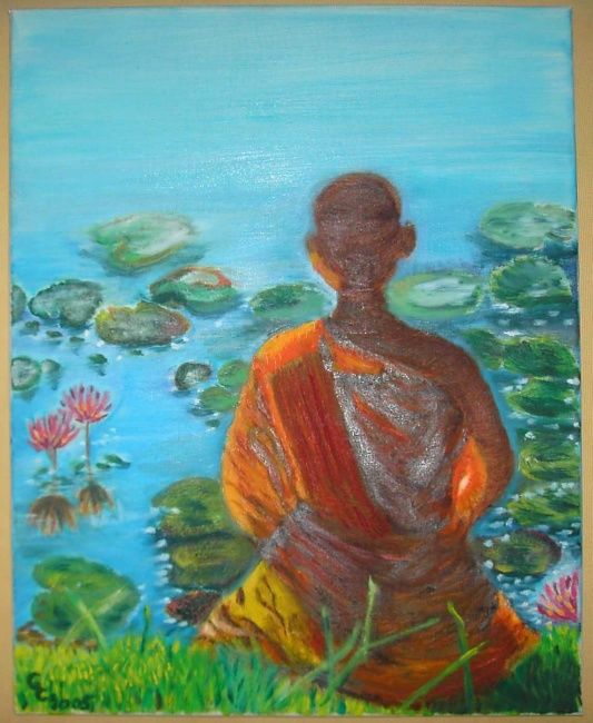 Pintura intitulada "moine meditant" por Gwenaelle Cortyl, Obras de arte originais