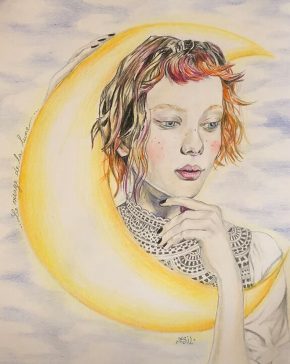 Рисунок под названием "Le visage de la lune" - Asil, Подлинное произведение искусства, Карандаш