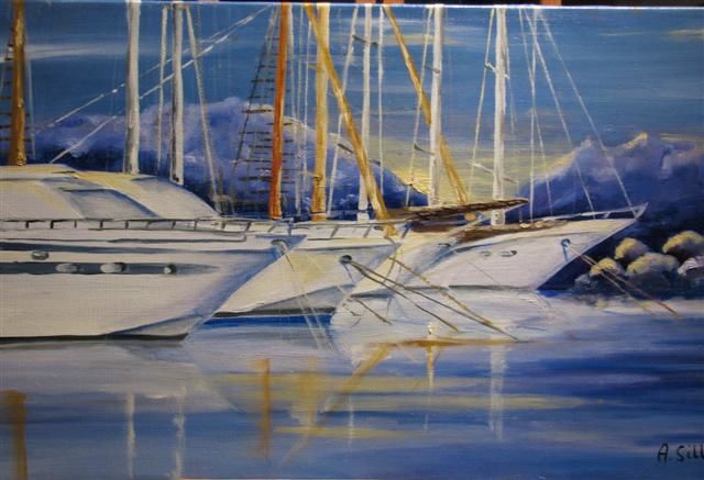 Pintura intitulada "port de cavalaire e…" por Annie Sillard, Obras de arte originais