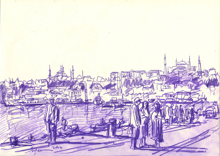 "Peoples on Bosphour…" başlıklı Tablo Ahmet Şinasi İŞler tarafından, Orijinal sanat, Kalem
