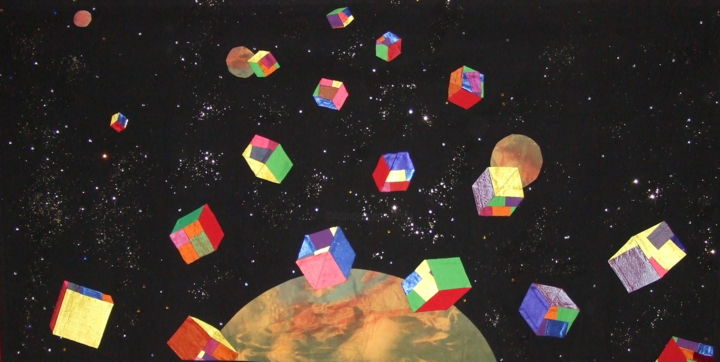 Arte têxtil intitulada "Cubes Volants Non I…" por Jean Pierre Avonts-Saint-Lager, Obras de arte originais, Tecido