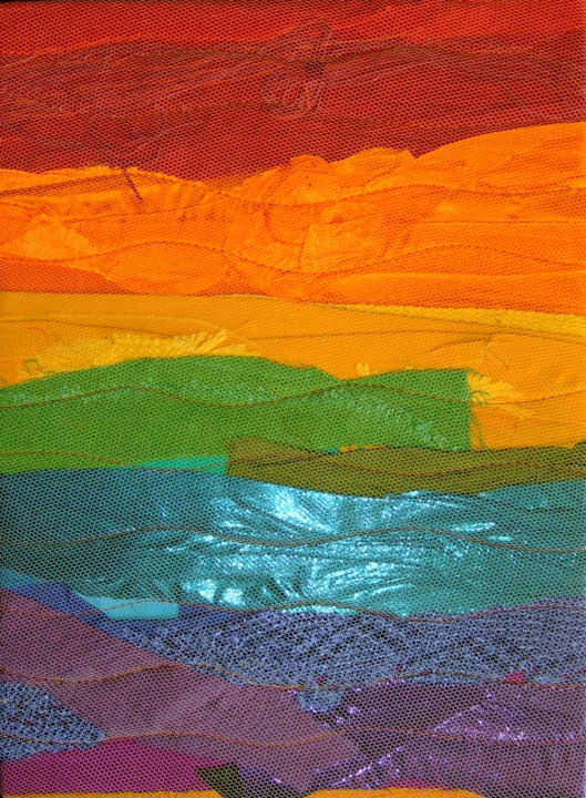 Textile Art titled "Soleil couchant.jpg" by Jean Pierre Avonts-Saint-Lager, Original Artwork, Fabric Mounted on Cardboard