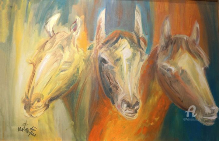 Peinture intitulée "3 chevaux" par Asma Nouira, Œuvre d'art originale, Huile