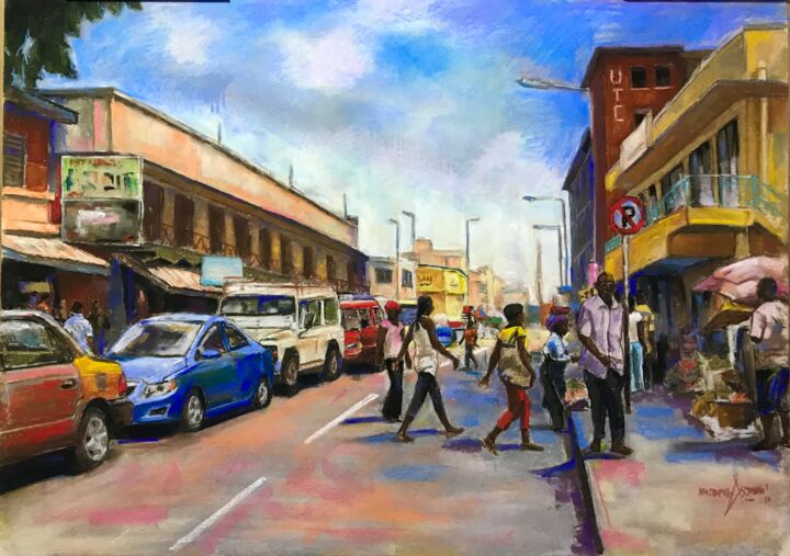 Painting titled "Accra Central" by Mustapha Asomani, Original Artwork, Pastel