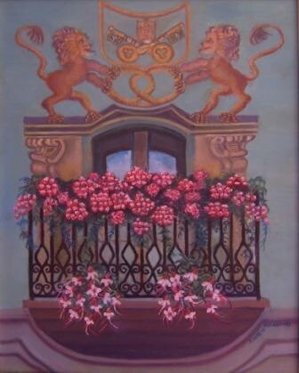 Pintura titulada "Flowered balcony in…" por Aspasia Arvanitis, Obra de arte original, Oleo