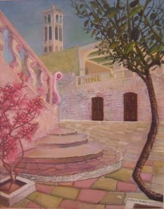 Pintura titulada "Monastery courtyard" por Aspasia Arvanitis, Obra de arte original, Oleo