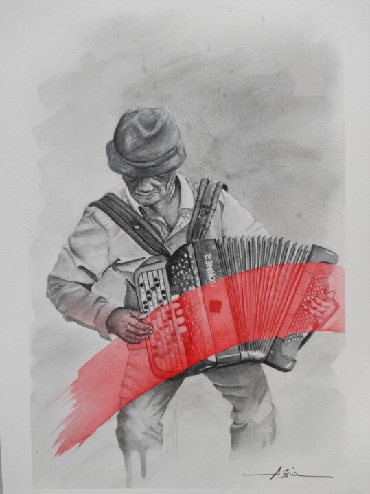 Ζωγραφική με τίτλο "L'accordéoniste de…" από Assia Benkahoul, Αυθεντικά έργα τέχνης, Ακουαρέλα