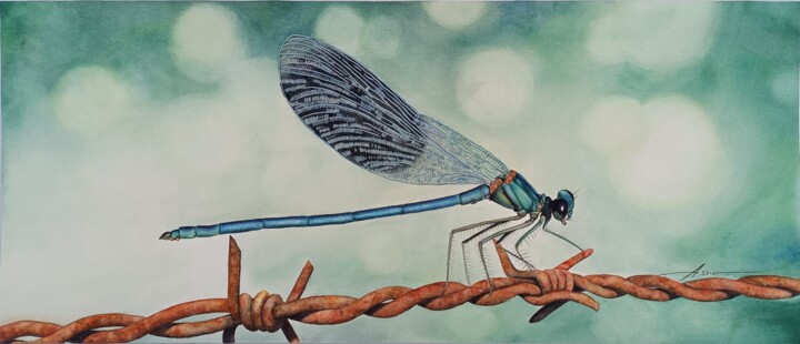 Malerei mit dem Titel "Demoiselle Bleue" von Assia Benkahoul, Original-Kunstwerk, Aquarell