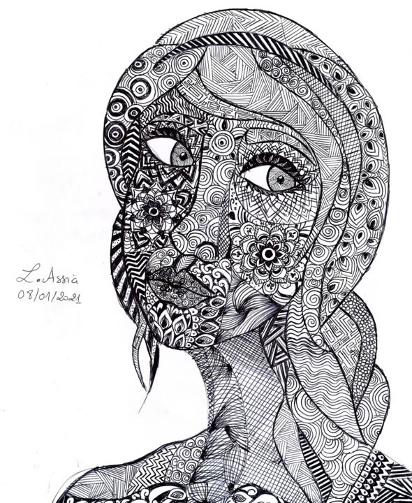 Dessin intitulée "Mandala woman" par Assia Lounas, Œuvre d'art originale, Stylo à bille