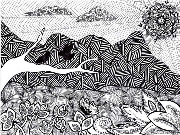 Dibujo titulada "Nature géométrique" por Assia Lounas, Obra de arte original, Bolígrafo