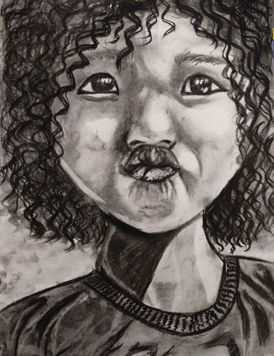 Drawing titled "l'enfant" by Assia Lounas, Original Artwork, Charcoal