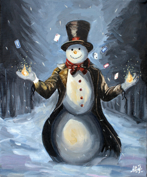 Painting titled "Snowman Magician" by Asya Ignatova, Original Artwork, Oil