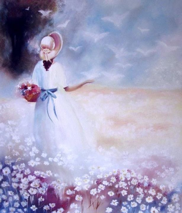 Painting titled "Девушка и голуби" by Taisiya Drugakova, Original Artwork, Oil