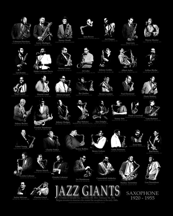 Collages titled "JAZZ GIANTS SAX 192…" by Astr, Original Artwork, Photo Montage Mounted on Aluminium