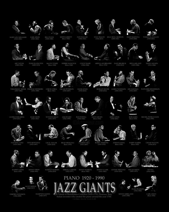 Collages getiteld "JAZZ GIANTS PIANO 1…" door Astr, Origineel Kunstwerk, Collages Gemonteerd op Aluminium