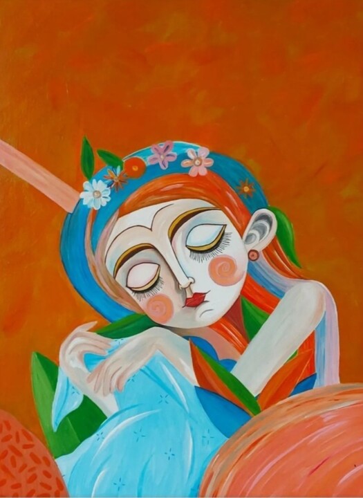 Painting titled "La sieste" by Astrid Honoré, Original Artwork, Acrylic Mounted on Wood Stretcher frame
