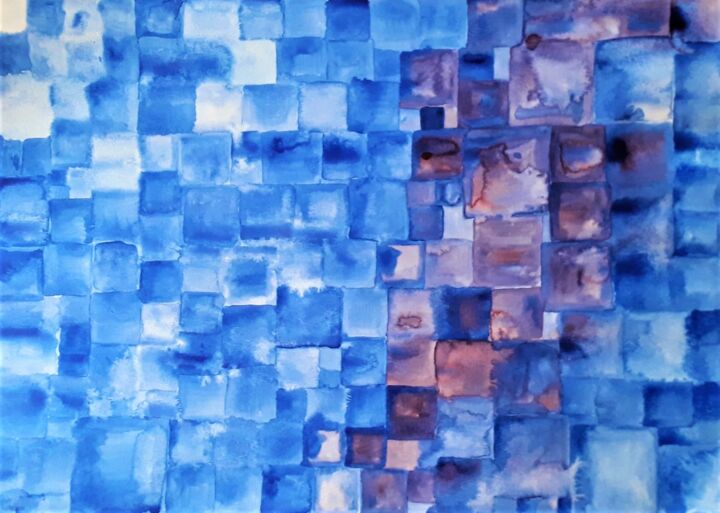 Painting titled "Pixels - Loving Blue" by Astrid Noordberger, Original Artwork, Watercolor