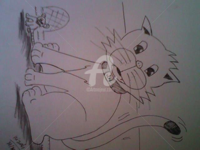 Drawing titled "cat and muose" by Yuki Hikari, Original Artwork