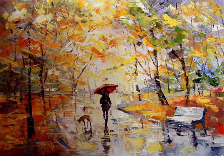 Painting titled "Leaf fall" by Anna Kolos, Original Artwork, Oil