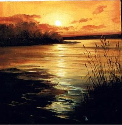 Painting titled "Lake at sunset" by Alina Atakarieva, Original Artwork, Oil