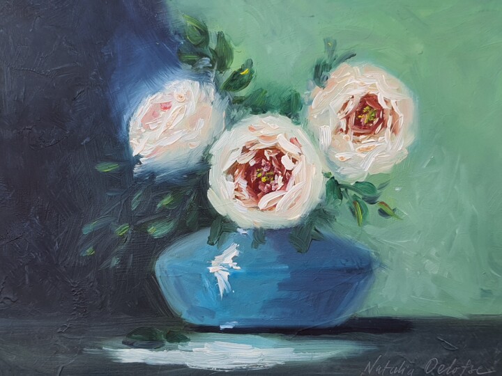 Painting titled "White roses in blue…" by Atalia, Original Artwork, Oil