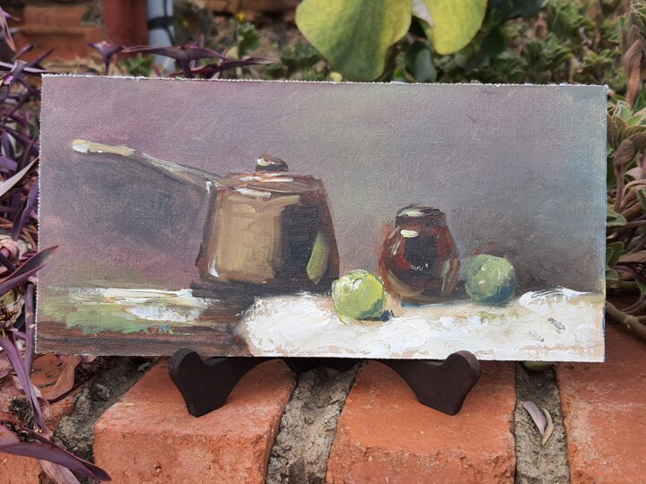 Painting titled "Cooking pot and gre…" by Atalia, Original Artwork, Oil