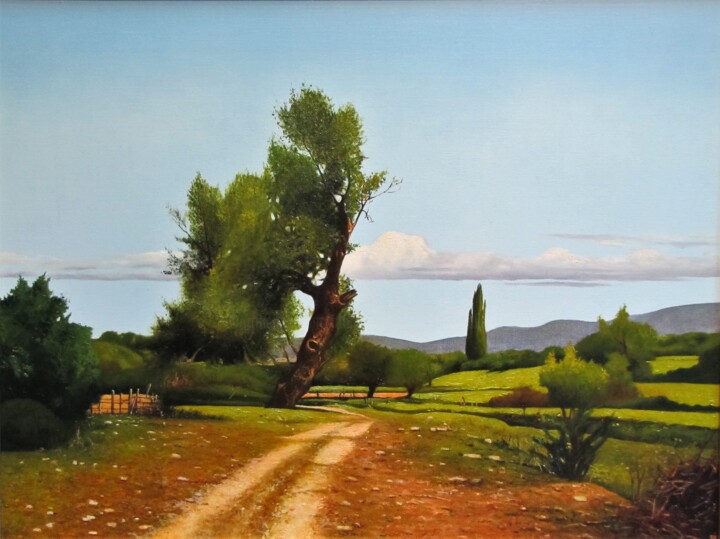 Pittura intitolato "Landscape by Road" da Atanas Marinchesky, Opera d'arte originale, Olio Montato su Telaio per barella in…