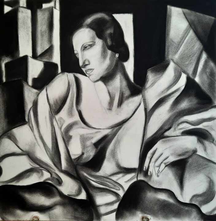 Drawing titled "Fusain - Tamara d'a…" by Atelier Linea, Original Artwork, Charcoal