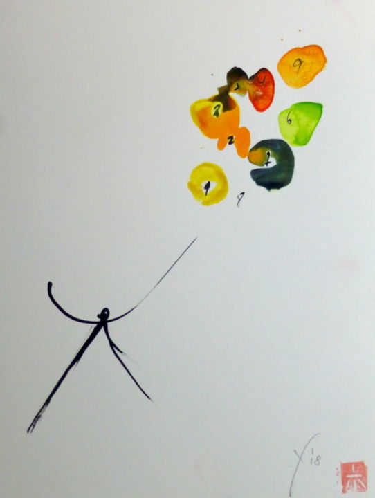 Painting titled "Zahlen-Ballons" by Yoolyus, Original Artwork, Watercolor