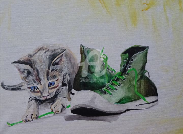 Peinture intitulée "Chaton et chaussures" par L'Atelier Veranda, Œuvre d'art originale, Acrylique