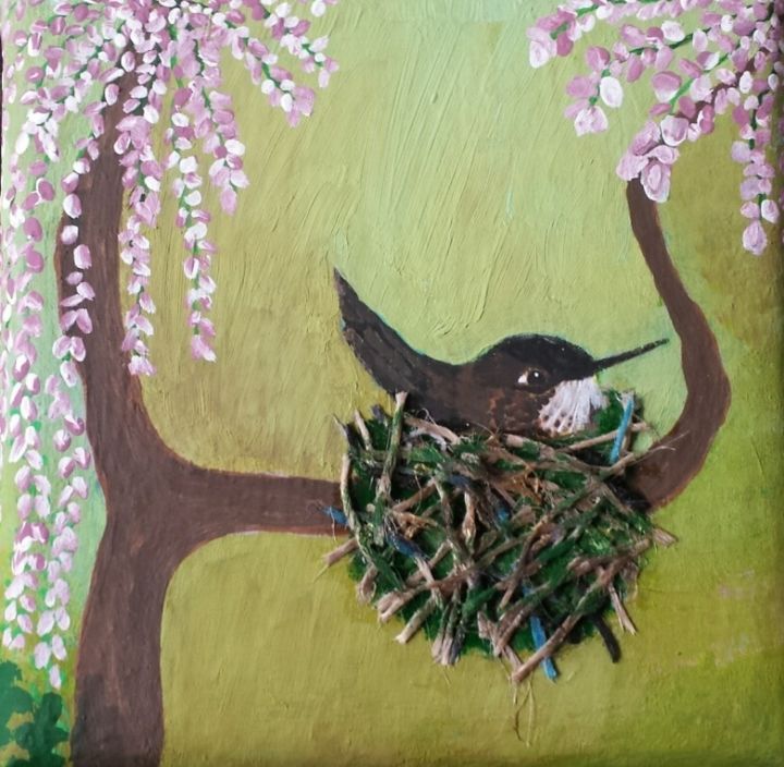 Pintura intitulada "Pássaro no ninho" por Atelier Arteiros, Obras de arte originais, Acrílico