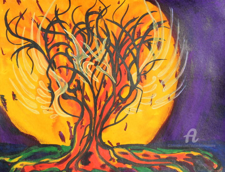 Painting titled "Arbre de Feu" by Corinne Brossier (Atelier de l'imaginaire), Original Artwork, Acrylic