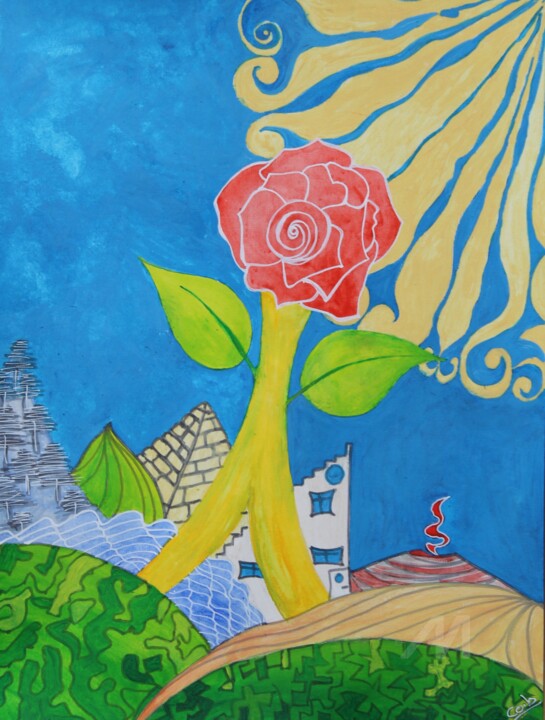 Painting titled "Rose perchée" by Corinne Brossier (Atelier de l'imaginaire), Original Artwork, Acrylic