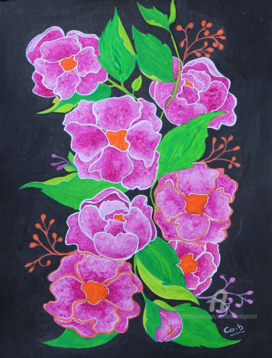 Painting titled "Pivoines violettes" by Corinne Brossier (Atelier de l'imaginaire), Original Artwork, Acrylic