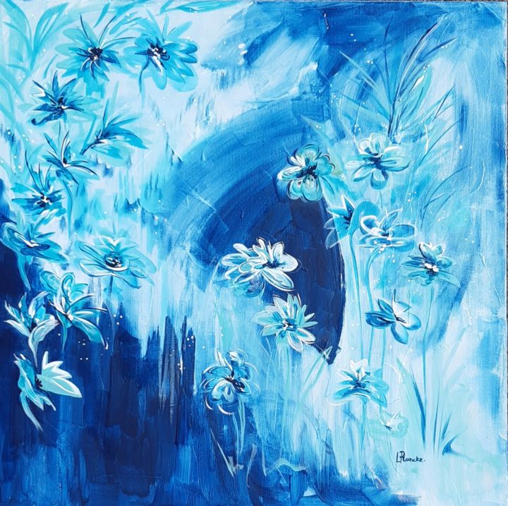 Painting titled "FLEURS BLEUES" by Lucile Plancke Delassus, Original Artwork, Acrylic Mounted on Wood Stretcher frame