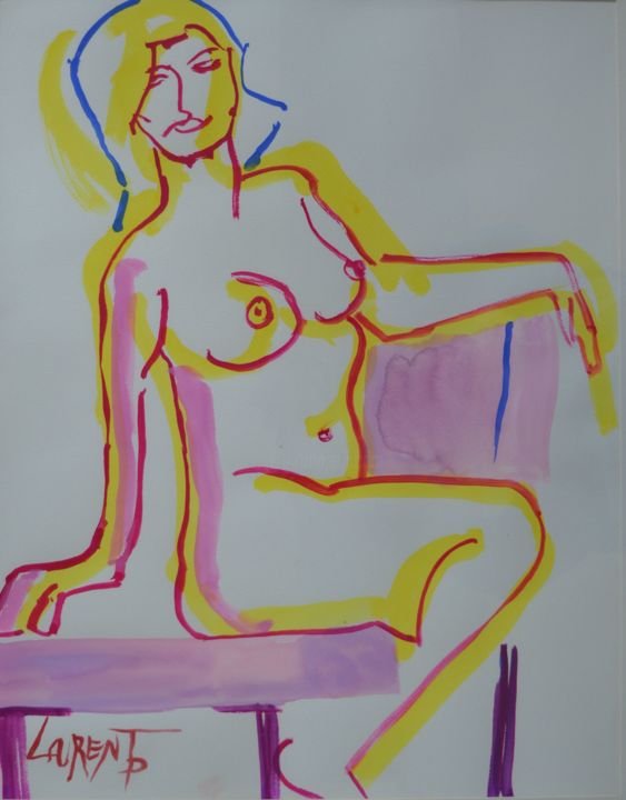 Drawing titled "Nu assis" by Pascal Laurent, Original Artwork, Gouache