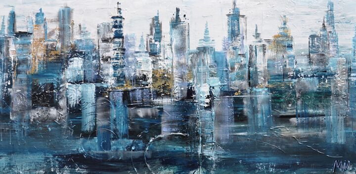 Malerei mit dem Titel "Skyline blue" von Mirthe (Kunstenares Mir) Kolkman - Van Der Klip, Original-Kunstwerk, Acryl