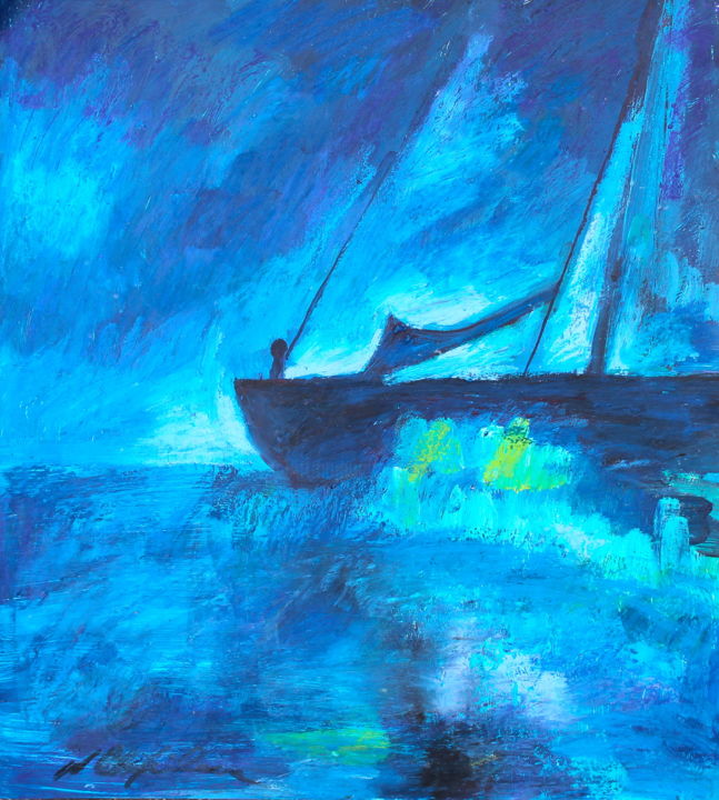 「Boat at the night」というタイトルの絵画 Atelier N N . Art Store By Natによって, オリジナルのアートワーク, アクリル