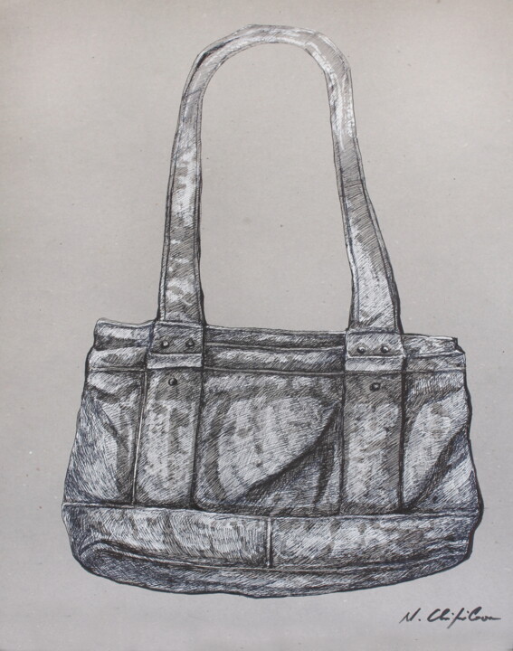 Drawing titled "Sac Guess 2" by Nathalia Chipilova, Original Artwork, Acrylic Mounted on Cardboard