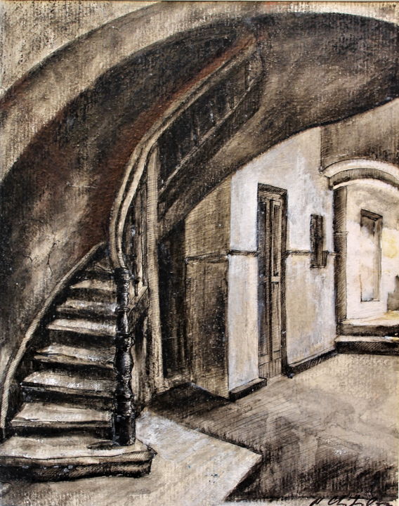 Pintura intitulada "Escalier. Lviv" por Atelier N N . Art Store By Nat, Obras de arte originais, Tinta