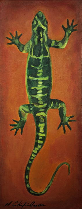 Malerei mit dem Titel "Lezard vert" von Atelier N N . Art Store By Nat, Original-Kunstwerk, Acryl