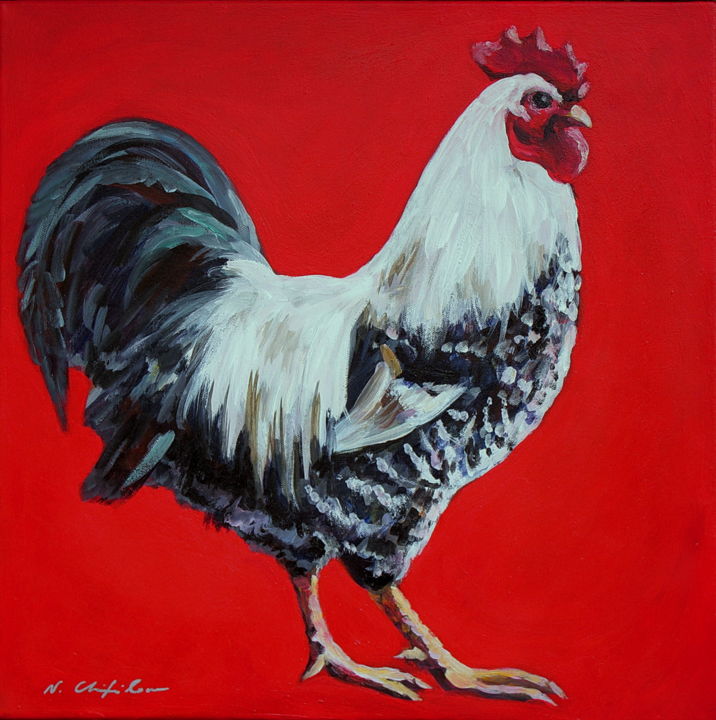 Peinture intitulée "Coq blanc (sussex)…" par Atelier N N . Art Store By Nat, Œuvre d'art originale, Acrylique